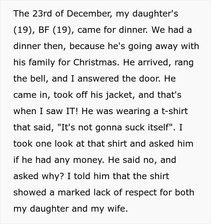 Man wearing inappropriate shirt at dinner with girlfriend&rsquo;s parents, father visibly upset by the disrespectful clothing choice.