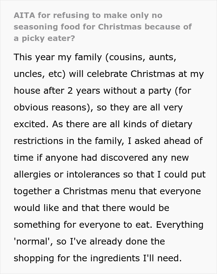 Text excerpt discussing family Christmas menu planning challenged by a picky eater demanding changes to accommodate preferences.