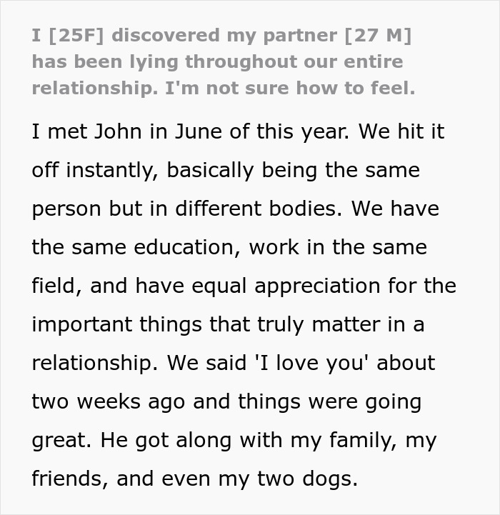Text post about a woman discovering her boyfriend built their entire relationship on lies, fearing losing her.