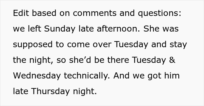 Text showing an explanation about a friend&rsquo;s stay schedule during bunny care and a late Thursday night return.