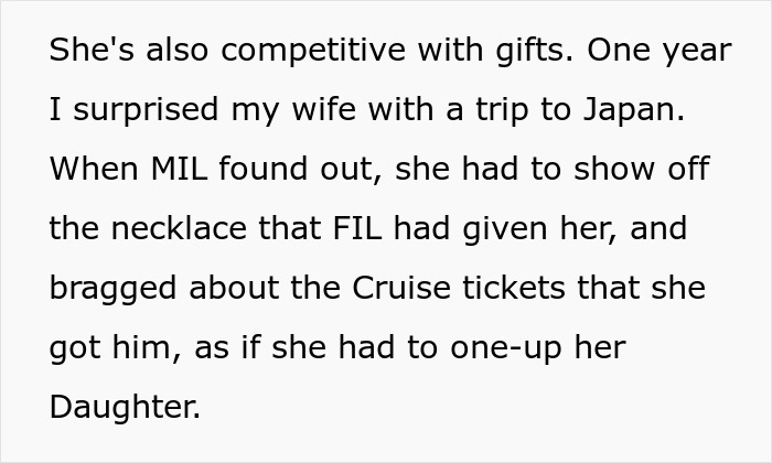 Text describing a competitive grandma turning Christmas gift-giving into a weird competition with Santa and family blocking her gifts.