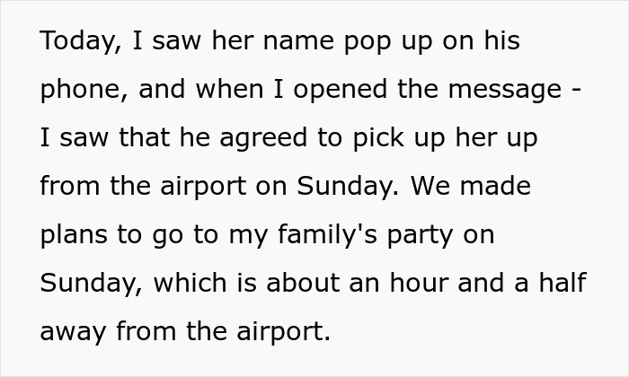 Text about a man discovering his crush at work is being picked up from the airport, causing relationship tension.