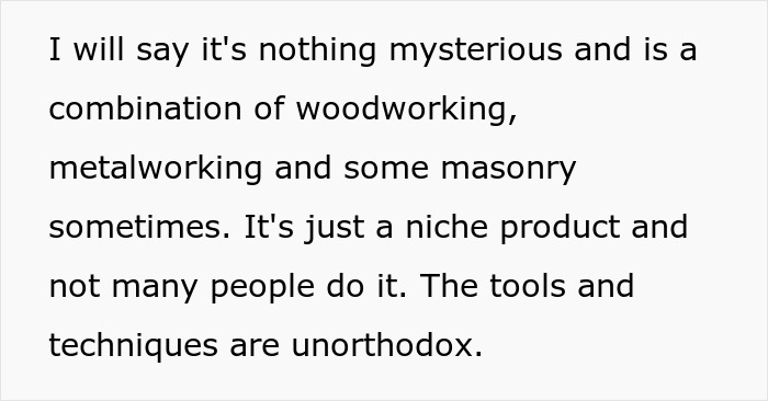 Text describing a niche craft combining woodworking, metalworking, and masonry with unorthodox tools and techniques. Text describing a niche craft combining woodworking, metalworking, and masonry with unorthodox tools and techniques.