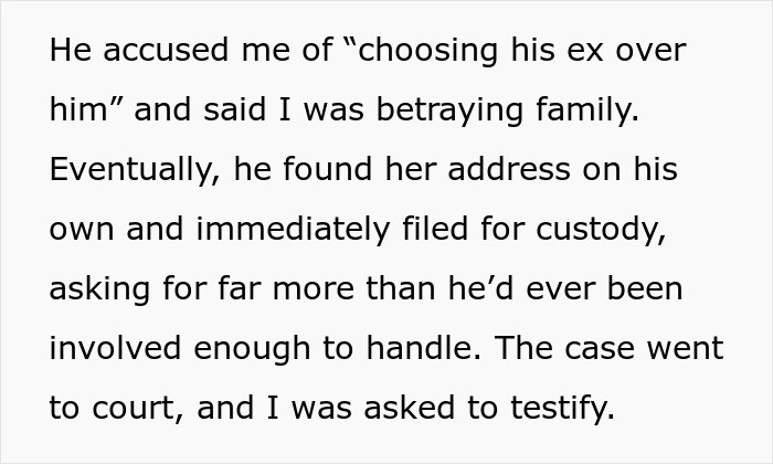 Text about custody court case where sister testifies the truth about brother who abandoned his child causing family drama.