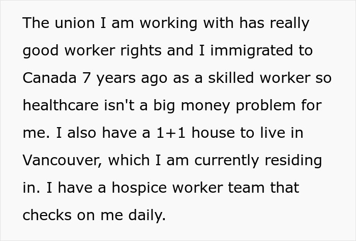 Text about a union worker in Canada discussing healthcare, housing, and daily hospice worker care.