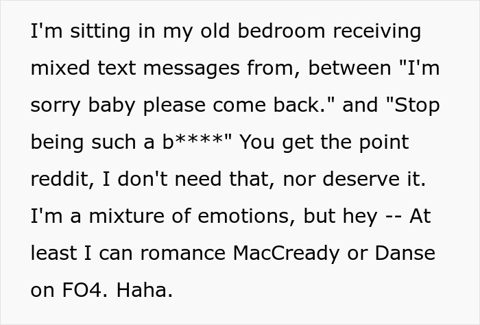 Text message screenshot showing mixed emotions while playing video games to unwind after a critical comment on ladylike behavior.
