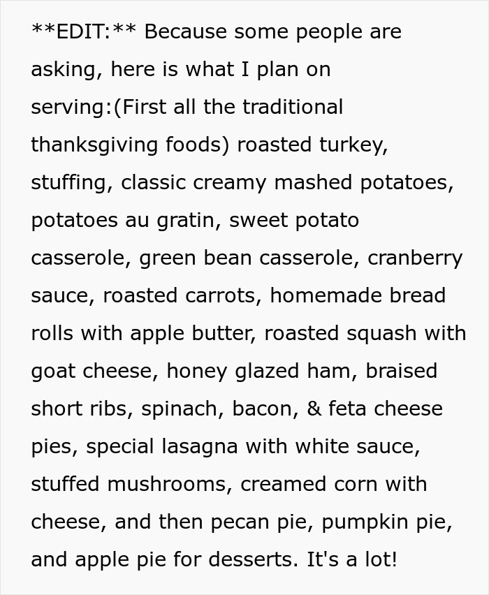 Text showing a detailed Thanksgiving dinner menu shared amid a picky-eater MIL demanding to bring her own food. Text showing a detailed Thanksgiving dinner menu shared amid a picky-eater MIL demanding to bring her own food.