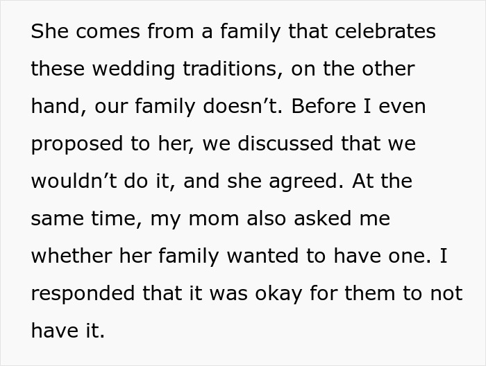 Text excerpt discussing differing family wedding traditions and agreement not to have a wedding celebration before the proposal.