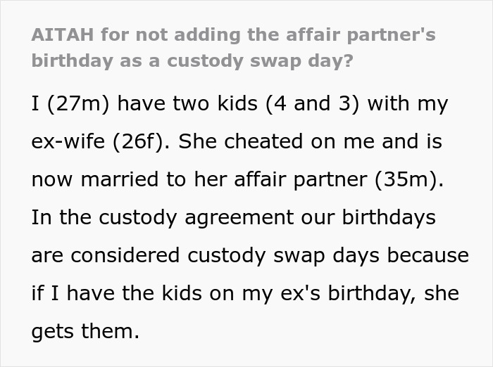 Custody agreement details kids and relationship birthdays as swap days in a family adjusting to post-divorce changes.