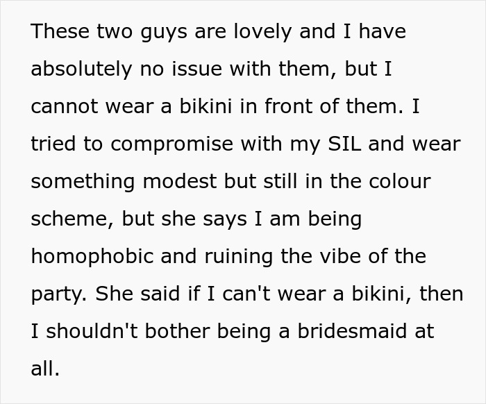 Text excerpt discussing family conflict over Muslim daughter-in-law refusing to wear bikini to bridal party.