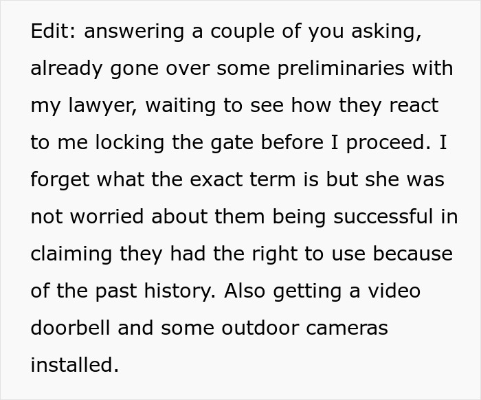 Text excerpt describing legal steps and security measures related to karen petty fence revenge, including locking gate and installing cameras.