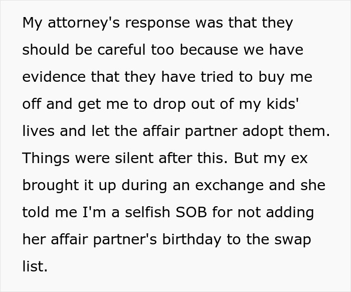 Text discussing custody conflict involving kids, relationship issues, and a dispute about a birthday swap list.