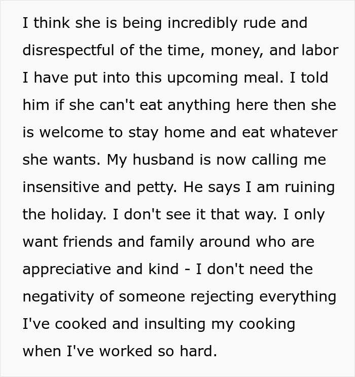 Text of a woman expressing frustration about a picky-eater MIL demanding to bring her own food to Thanksgiving dinner. Text of a woman expressing frustration about a picky-eater MIL demanding to bring her own food to Thanksgiving dinner.