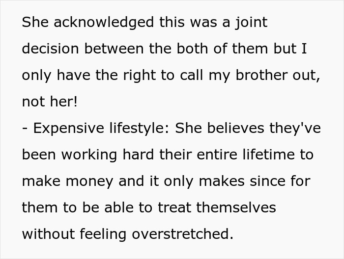 Screenshot of text about brother money wife family and expensive lifestyle choice