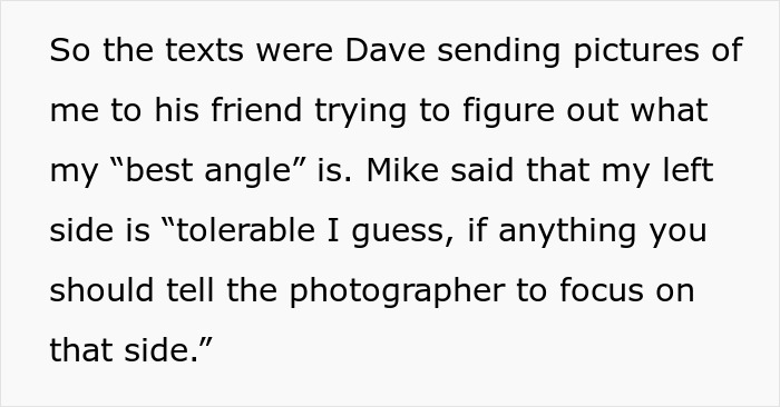 Screenshot of secret texts revealing fianc&eacute; complaining about woman's appearance and worrying about wedding photos angles.