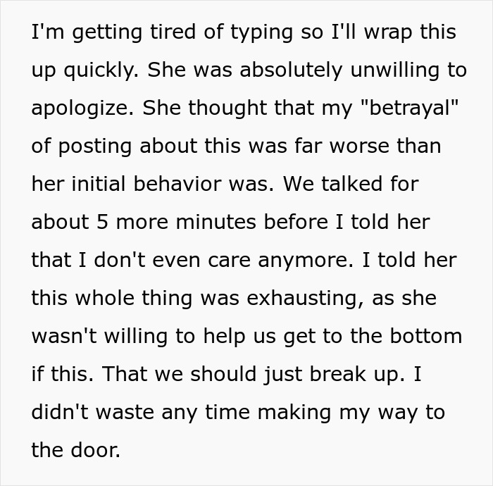 Text about a man lending his girlfriend a spare keyboard and her reaction leading to a breakup due to her unwillingness to apologize.