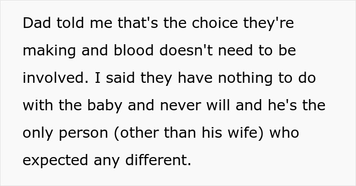 Text excerpt discussing a dad cutting off late wife&rsquo;s family, blood ties, and welcoming a new baby conflict.