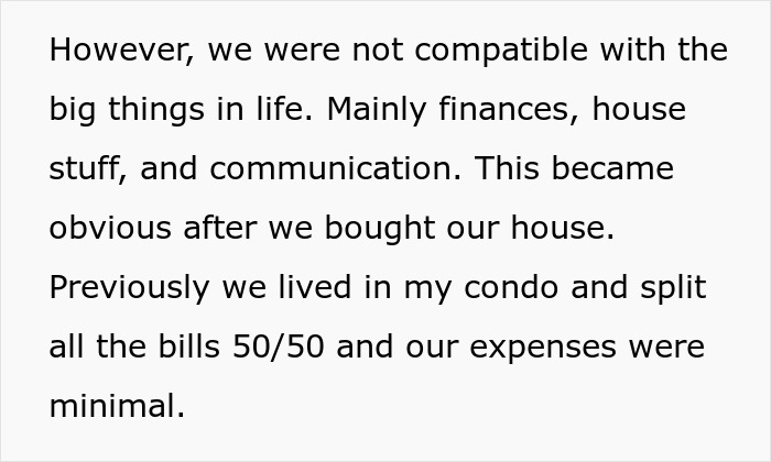 Text discussing incompatibility in finances, house expenses, and communication after buying a house during divorce regret.