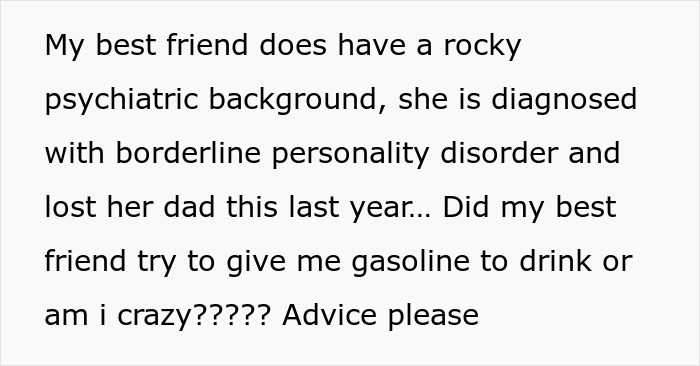 Screenshot of message about friend claiming a woman attempted to put gas in bestie's drink at a party Screenshot of message about friend claiming a woman attempted to put gas in bestie's drink at a party