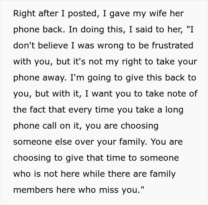 Text passage about a man giving his wife her phone back, highlighting phone dependence over family time.