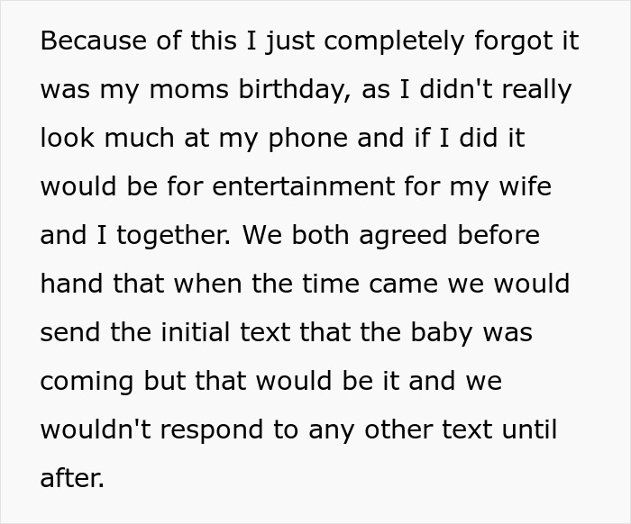 Text excerpt describing a son forgetting his mom's birthday and agreeing with his wife on notifying about labor, highlighting mom and son conflict.