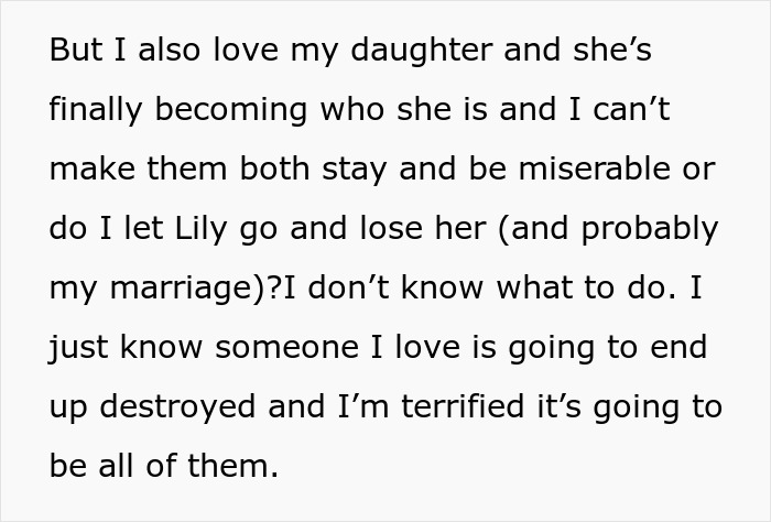 Text expressing fear over loss in marriage and family after a child's coming out amid transphobic reactions. Text expressing fear over loss in marriage and family after a child's coming out amid transphobic reactions.