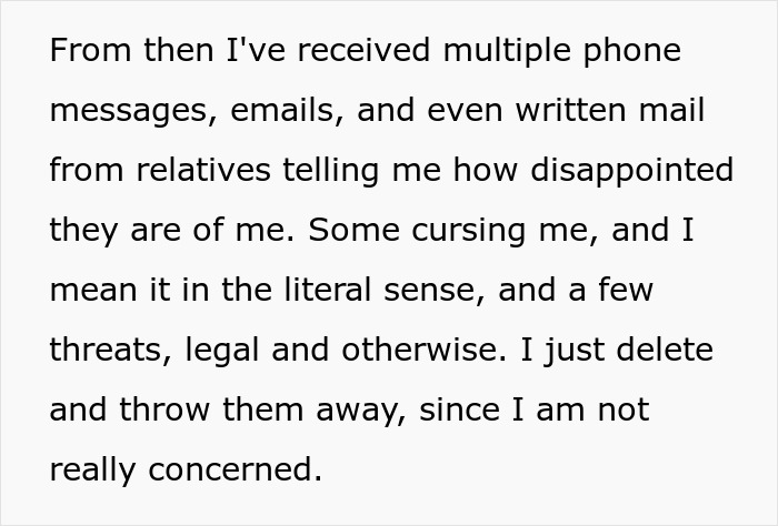 Text excerpt about receiving multiple messages and threats from relatives after a woman conceived as spare parts for her brother says no. Text excerpt about receiving multiple messages and threats from relatives after a woman conceived as spare parts for her brother says no.