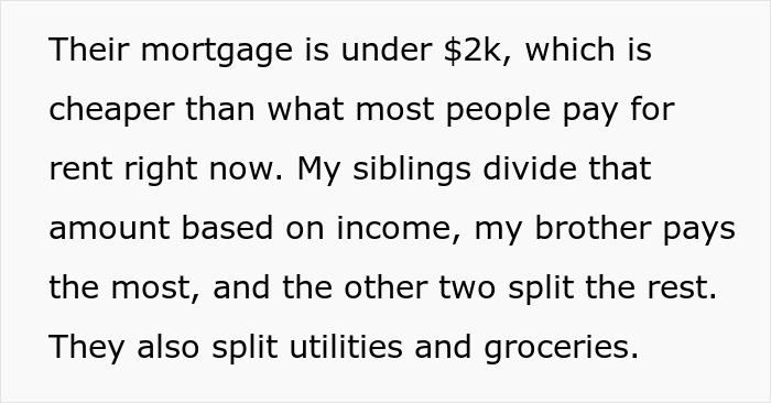 Text about siblings dividing mortgage and expenses, highlighting lady’s refusal to help cruel parents who abandoned her.