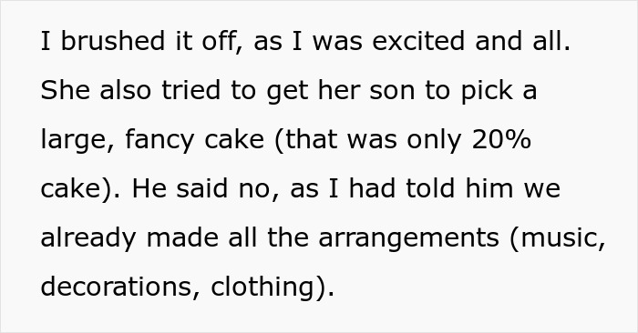 Text excerpt about wedding arrangements, decorations, and clothing decisions, highlighting bride and mother-in-law conflict.