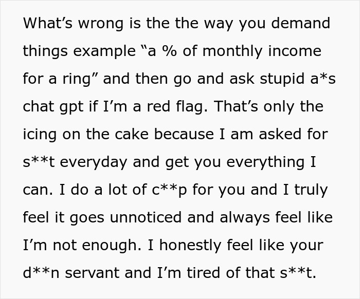 Text message expressing frustration about demands to earn an engagement ring and feeling unappreciated in a relationship. Text message expressing frustration about demands to earn an engagement ring and feeling unappreciated in a relationship.