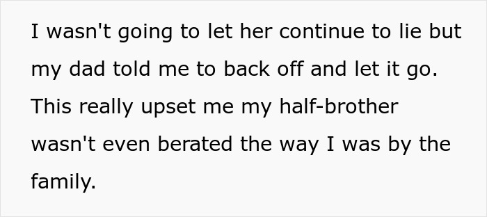 Text excerpt showing family conflict over half-brother involved in stealing car and resulting arrest situation.