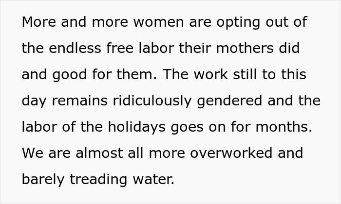 Text about gendered holiday labor and feminism, highlighting moms doing most of the work during Christmas season.