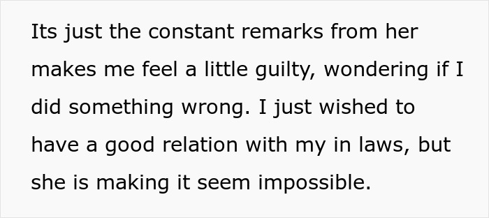 Text showing someone feeling guilty about constant remarks from future in-laws, struggling with prenup tensions.