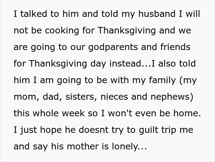 Screenshot of woman saying she cancels Thanksgiving, won't cook for rude in-laws and will spend holiday with family