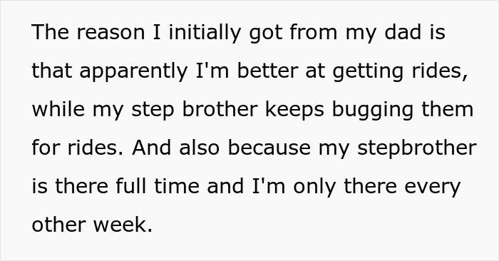 Text explaining teen feeling upset about dad gifting stepbro a car, viewing it as favoritism while they only get a gift card.
