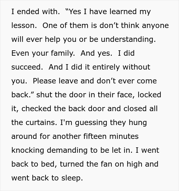 Text excerpt about family conflict, shame, guilt, and someone asserting independence after being disowned years ago.