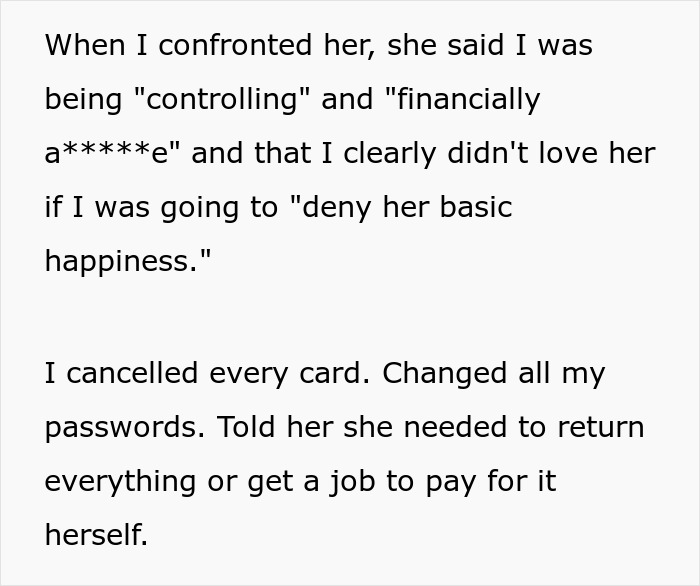 Man confronting wife for treating him like an ATM machine, canceling cards and demanding financial independence.