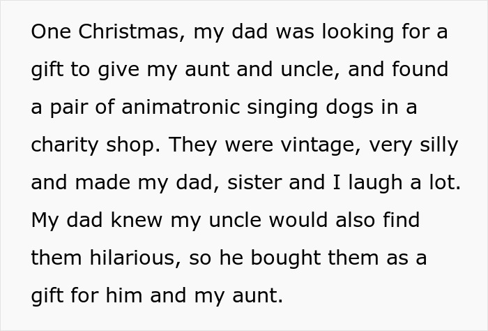 Dad&rsquo;s petty Christmas revenge after rich aunt tries to sneak back a cheap gift with animatronic singing dogs.