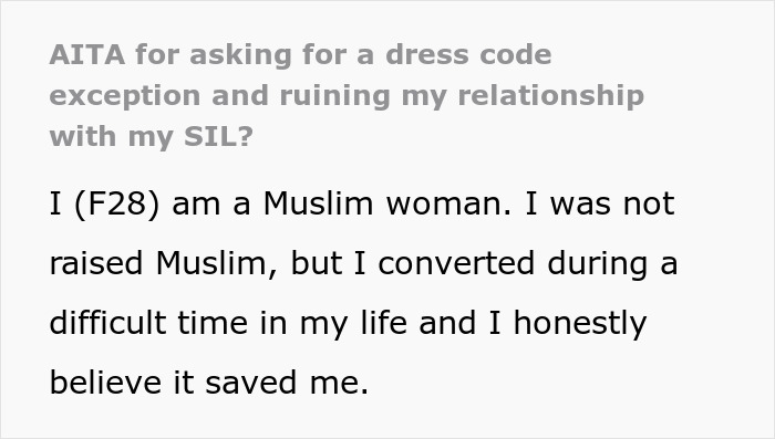 Text excerpt from a Muslim woman explaining her choice not to wear a bikini causing family conflict at a bridal party.