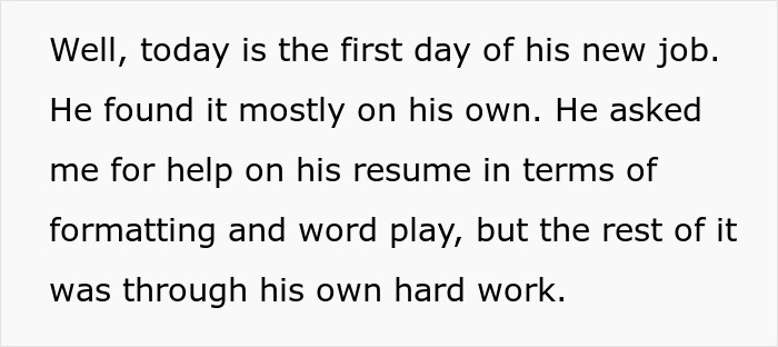 Screenshot of a text message revealing a man&rsquo;s new job and his efforts on resume formatting and word play.