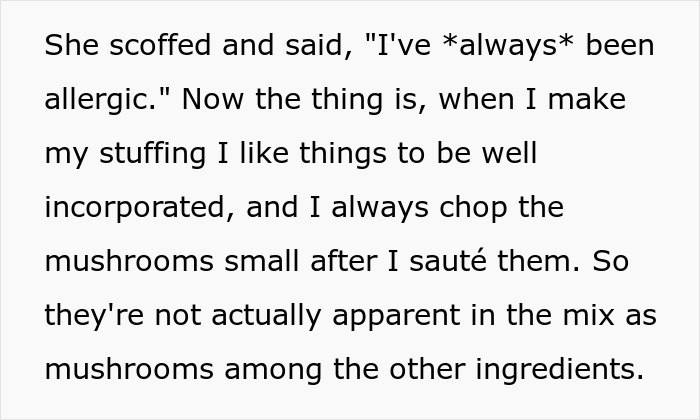 Text excerpt showing a woman explaining her cooking method while addressing a food allergy claim from a sister-in-law.