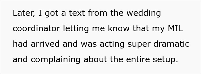 Text message about mother-in-law demanding wedding venue changes and causing issues during the event setup.