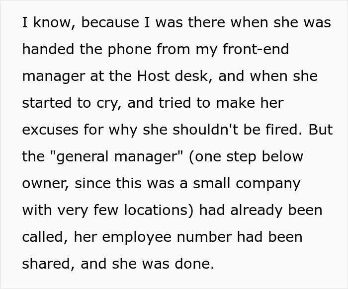 Text excerpt describing a waitress losing her job after being confronted by management in a small restaurant. Text excerpt describing a waitress losing her job after being confronted by management in a small restaurant.