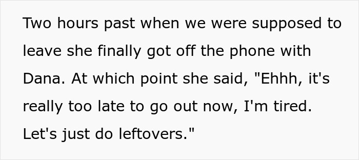 Text excerpt showing a woman prioritizing phone use over family plans, highlighting phone dependence issues.