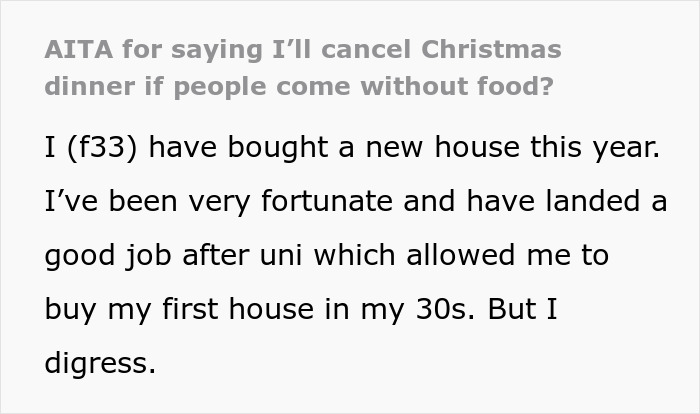 Text post showing a person frustrated with lazy relatives who won&rsquo;t bring food to Christmas dinner.