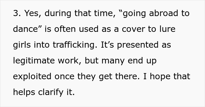 Text explaining how going abroad to dance is often a cover to lure girls into trafficking and exploitation.