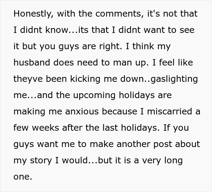 Woman cancels Thanksgiving: screenshot of a typed post about in-laws, gaslighting, miscarriage and holiday anxiety