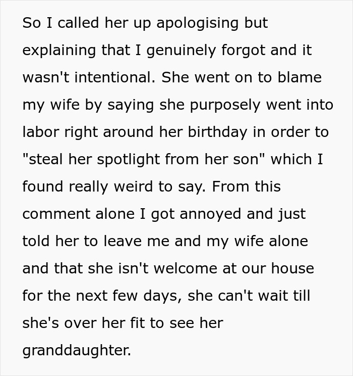 Son apologizing to mom after forgetting birthday, mom accuses daughter-in-law of purposely going into labor.