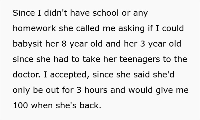 Text excerpt about a teen agreeing to babysit a reckless 8-year-old after being asked by his mom.