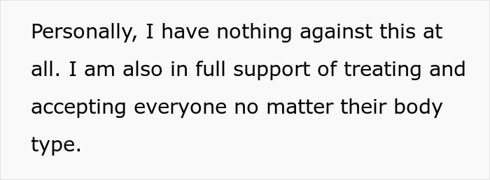 Text expressing support for treating and accepting everyone regardless of their body type, related to body positivity.
